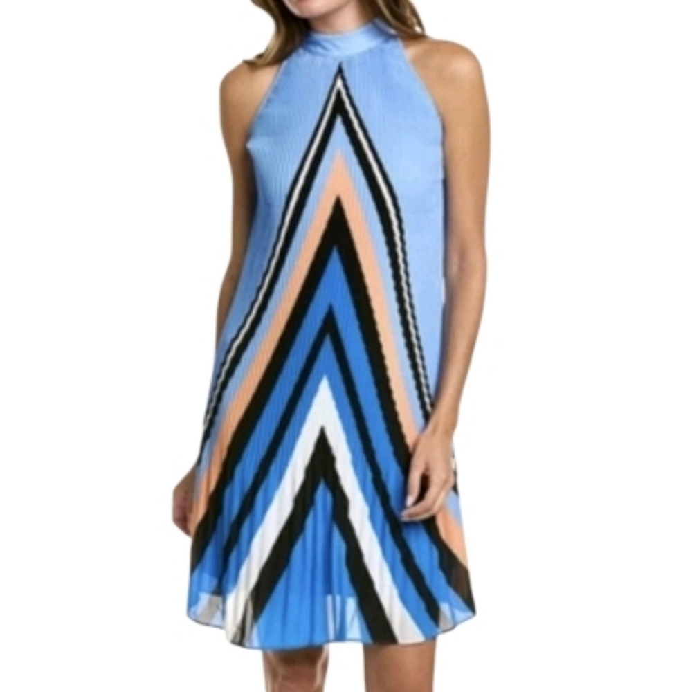Nanette Lepore Women Blue Multicolor Sleeveless Pleated Halter Neck Dress Size 2